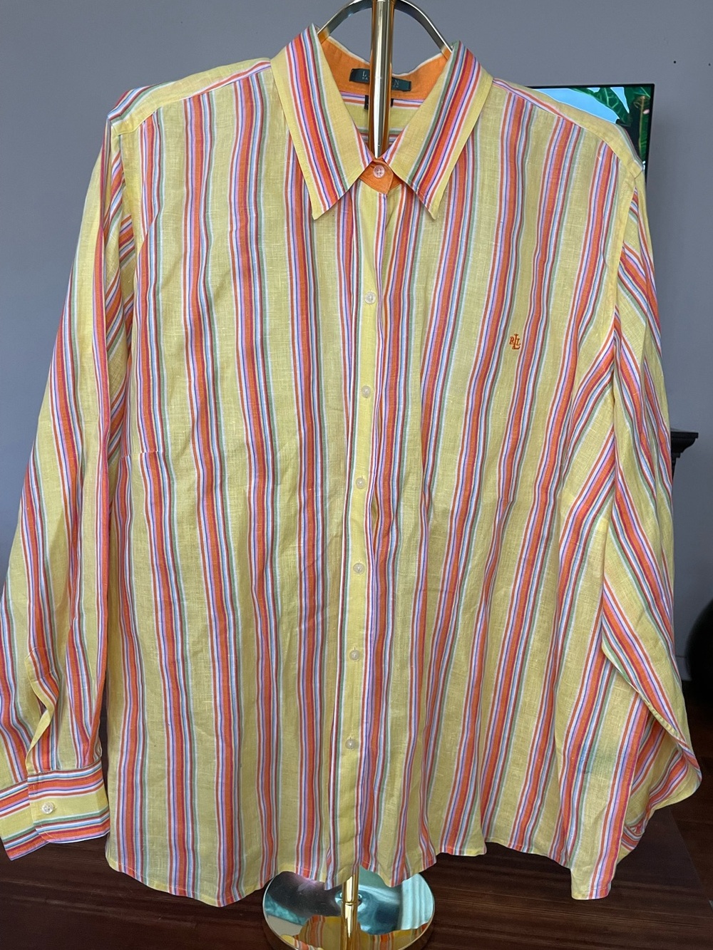 Ralph Lauren Yellow Multicolor Vertical Stripe Button-Down Shirt 100% Linen